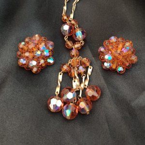 Vintage Art Deco Amber AB Bead Necklace & Earrings
